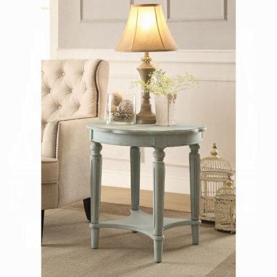 Table de bout en bois Fordon, plateau rond festonné, finition blanc antique français