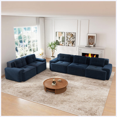 Ensemble de canapé modulaire 2 places + 3 places, ensemble de canapé rembourré en velours côtelé avec motif capitonné, aucun assemblage requis pour le salon Studio, bleu