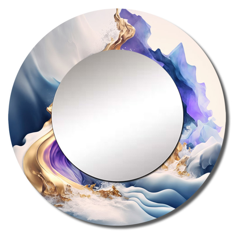 Olley Blue and Gold Splash Paint III - miroir mural spirales abstraites, miroir décoratif rond bleu, 36 po x 36 po