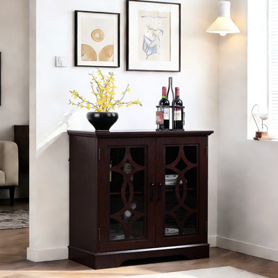 Modern Dark Red Storage Sideboard With 2 Tempered Glass Doors, 3 - Height Adjustable Shelf, For Dining Area 35.32"W X 15.6"D 35.05"H Buffet Door, Position Living Room