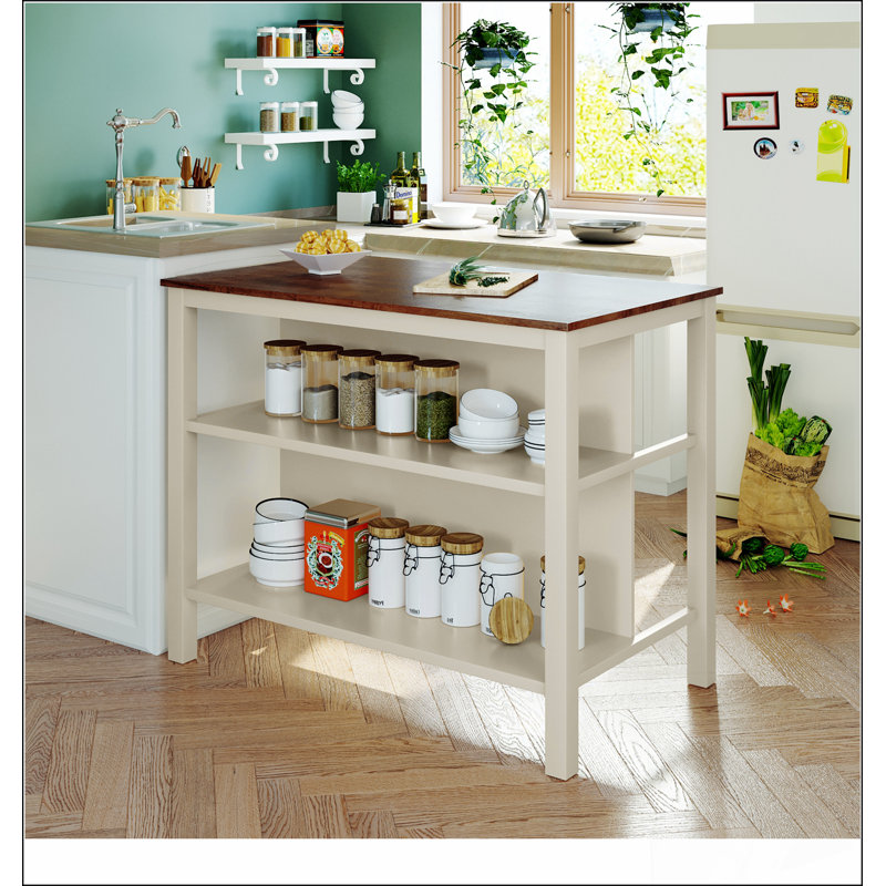 Solid Wood Rustic 45" Stationary Kitchen Island, Rubber Wood Butcher Block Dining Table Prep Table with 2 Open Shelves for Small Places