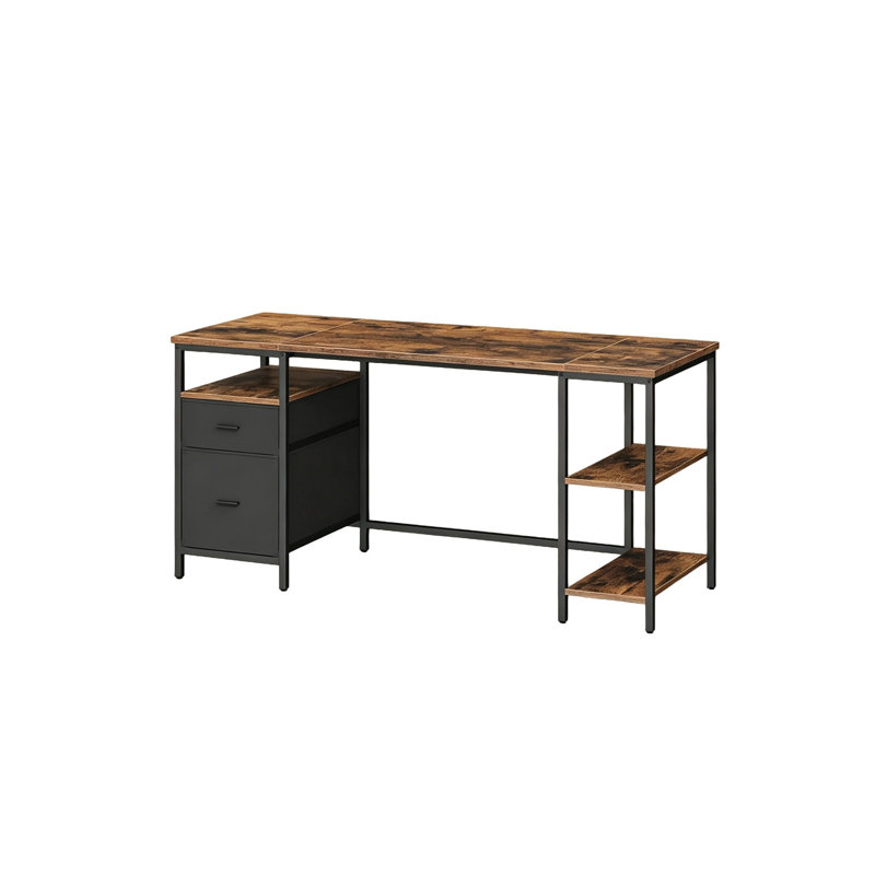 Computer Desk, Work Desk with Storage, 3 Shelves, 2 Drawers, 60 x 160 x 76 cm, Rustic Brown and Matte Black, Brown/Black