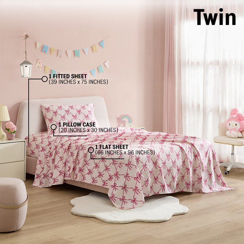 HLC.ME Pink Bows Printed Bed Sheets - 3 Piece Patterned Bed Sheet Set - Wrinkle Resistant & Soft - Fits Mattresses Up To 15 Inches Deep - Twin
