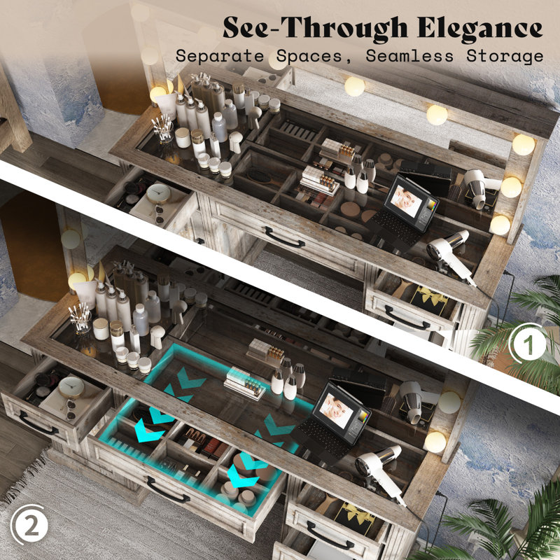 Cioeta 55.1"W Makeup Vanity with Hollywood Mirror, 5 Drawers & Adjustable Cabinet & Charging Station, 10 Detachable Light Bulbs
