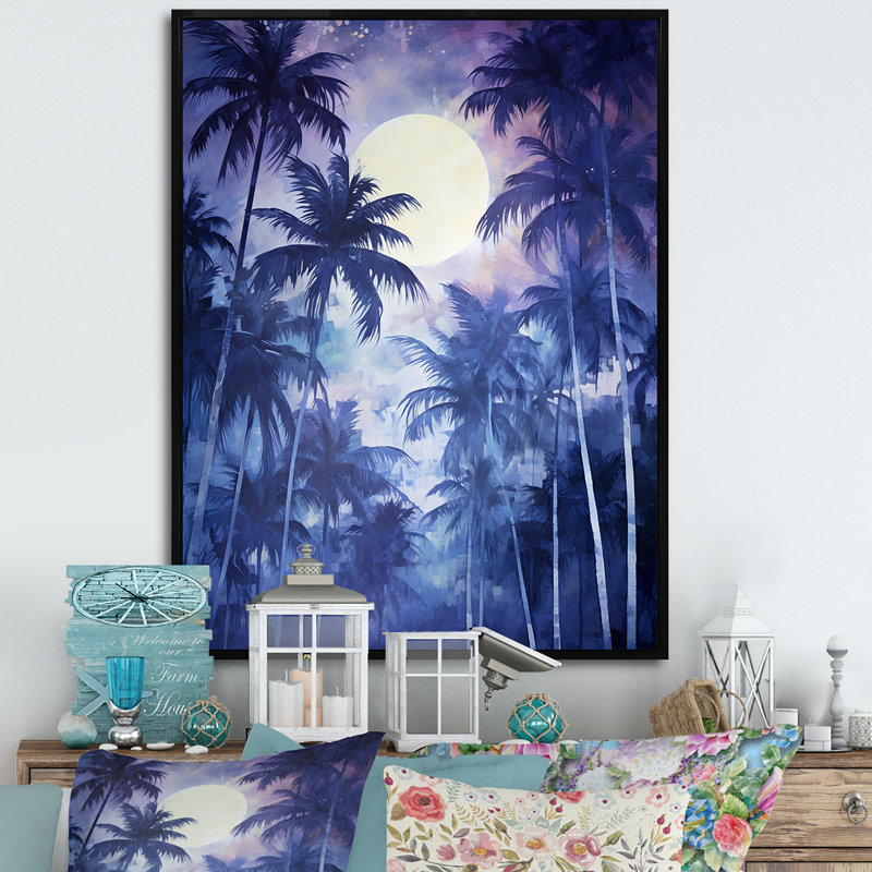 «Indigo Mystical Plam Tree Magic Impressions II», reproduction sur toile, Cadre flottant noir, H 40 po x l 30 po x P 1,5 po