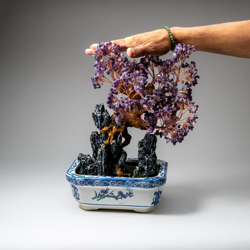 Genuine Amethyst Gemstone Bonsai Tree In Square Ceramic Pot (15€ Tall)