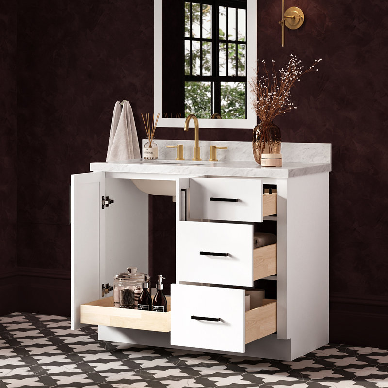   Kayleigh 43 Inch Left Offset Single Rectangle Sink Bathroom Vanity with Carrara White Marble Countertop 1.5 Inch in White