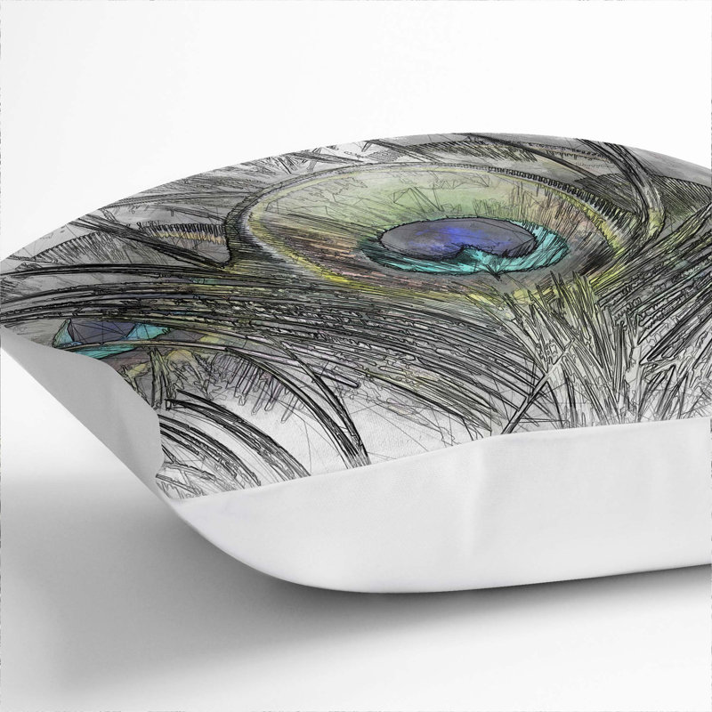 Peacock Feathers Cushion with Filling, White, 40cm H x 40cm W x 15cm D