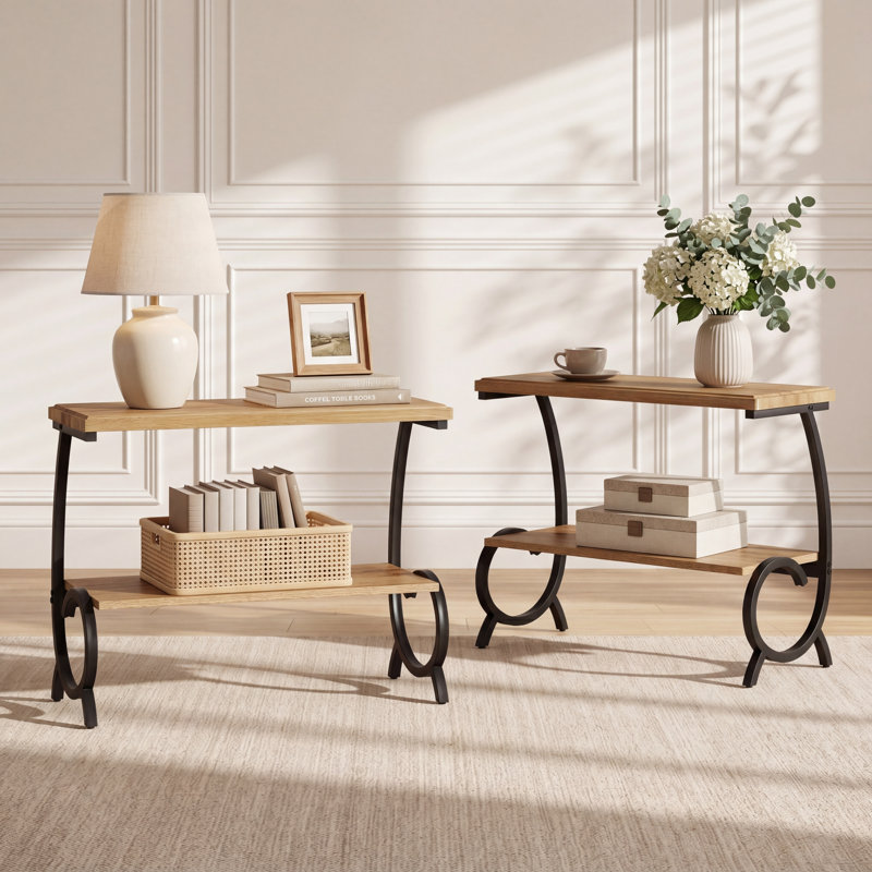 Table de bout industrielle à 2 niveaux avec structure en métal incurvée, table d'appoint étroite pour petit salon, ensemble de 2