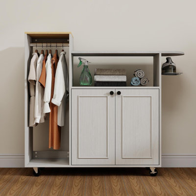 Ironing Cart With Rolling Ironing Board, Multipurpose Ironing Cabinet With Wheels And A Adjustable Shelf, Compact Ironing Solution For Laundry Room, Bedroom,Cloakroom-Antique White