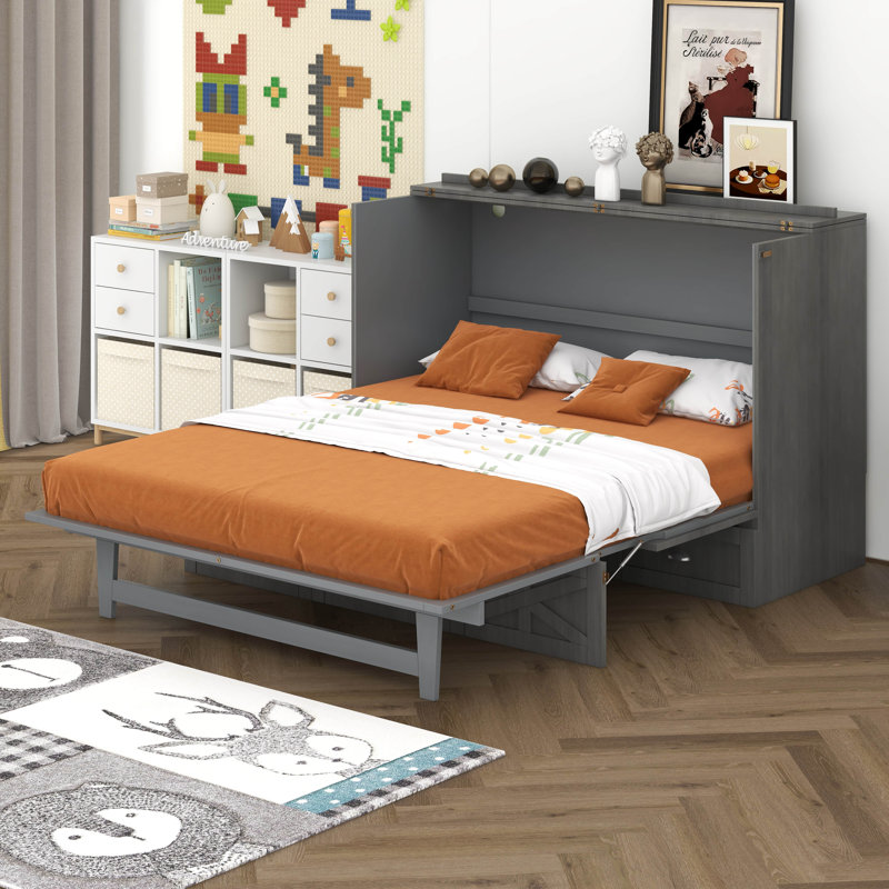 Armoire lit escamotable Murphy avec station de charge et tiroir de rangement, cadre de lit plateforme pliable en bois, Double
