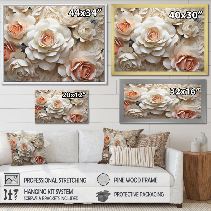 «Minimalisme Beige Roses Passion» - art mural sur toile Roses, Cadre flottant blanc, H 30 po x l 40 po x P 1,5 po