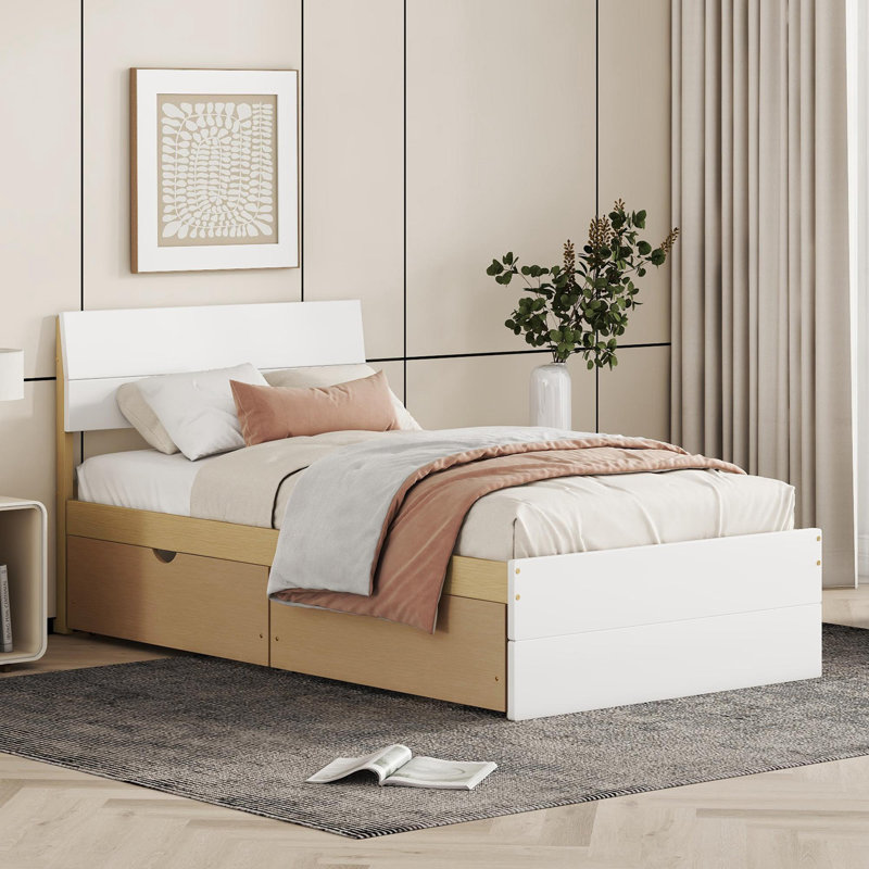 Modern Twin Bed Frame With 2 Drawers High Gloss Headboard and Footboard,Platform Bed, Light Oak Duplicate