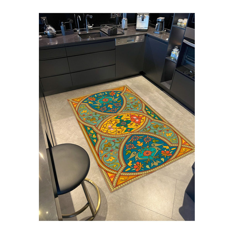 Tapis tissé lavable traditionnel à motif peint coloré, Sous-tapis rond 3 pi 3 po inclus