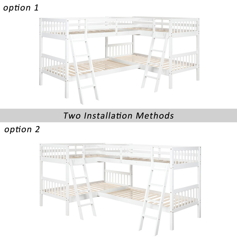 Lit simple superposé en forme de L en bois massif blanc pour une chambre à coucher pratique - blanc. Et élégant. Options de disposition polyvalentes. Structure solide. Coffre-fort avec garde-corps. Pas de sommier tapissier. L 118 po x l 80 po x H 60 po. Assemblage