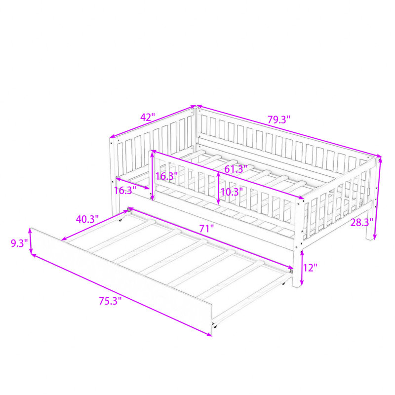 Wood Daybed with Twin Trundle and Guardrails, Natural, Twin