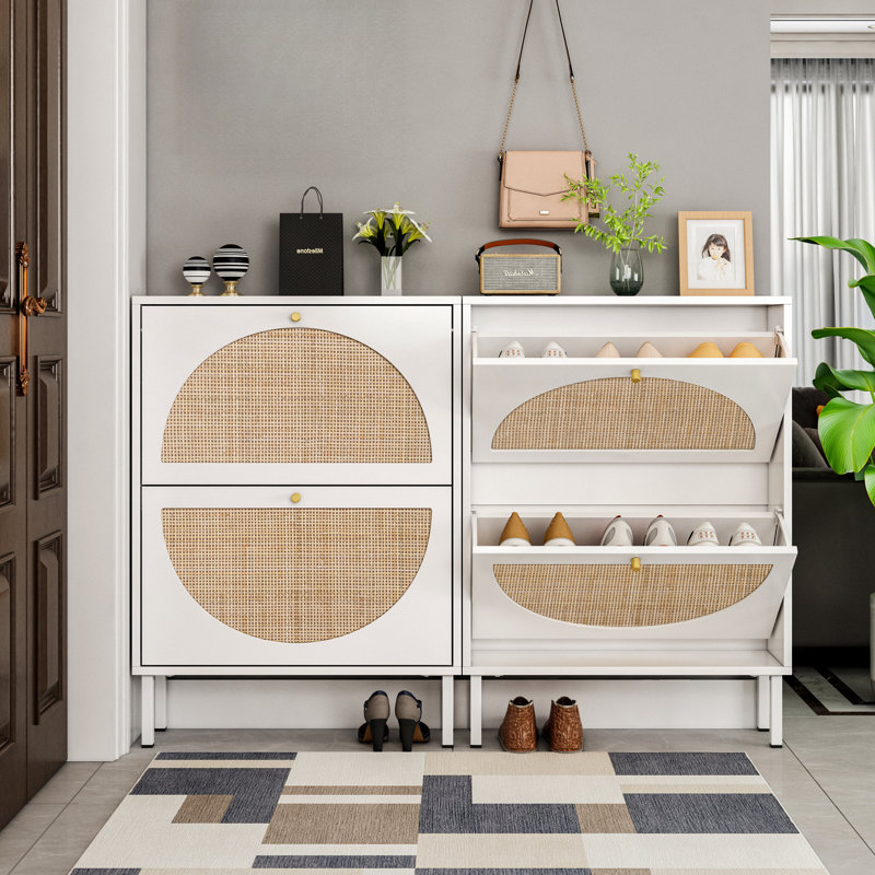 12 Pairs Rattan Shoe Storage Cabinet, White