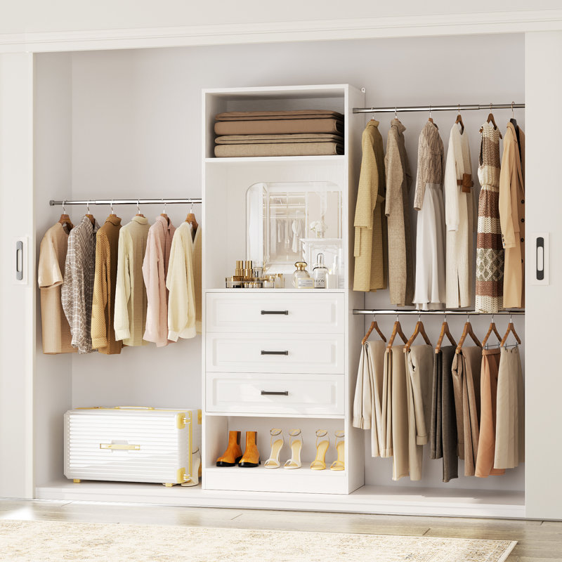 25" - 96” W Closet System with Wooden Drawers and Hanging Rods(Cut to Fit), White