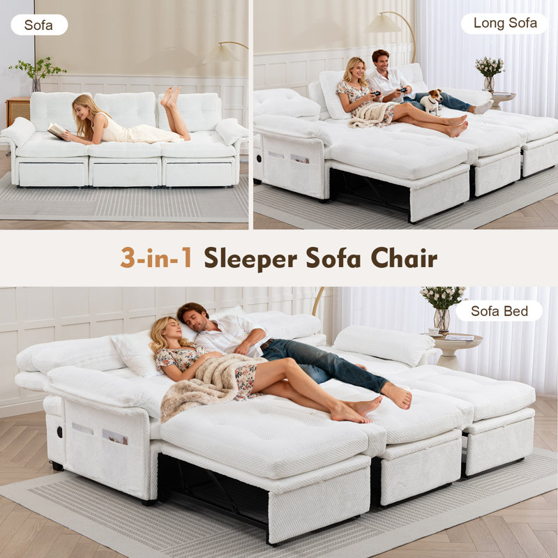 Meissalivve 3-In-1 Sleeper Sofa Bed, Convertible Pull Out Couch Bed With Usb Ports, Storage Pockets, 3-Seater Sofa For Living Room(White)