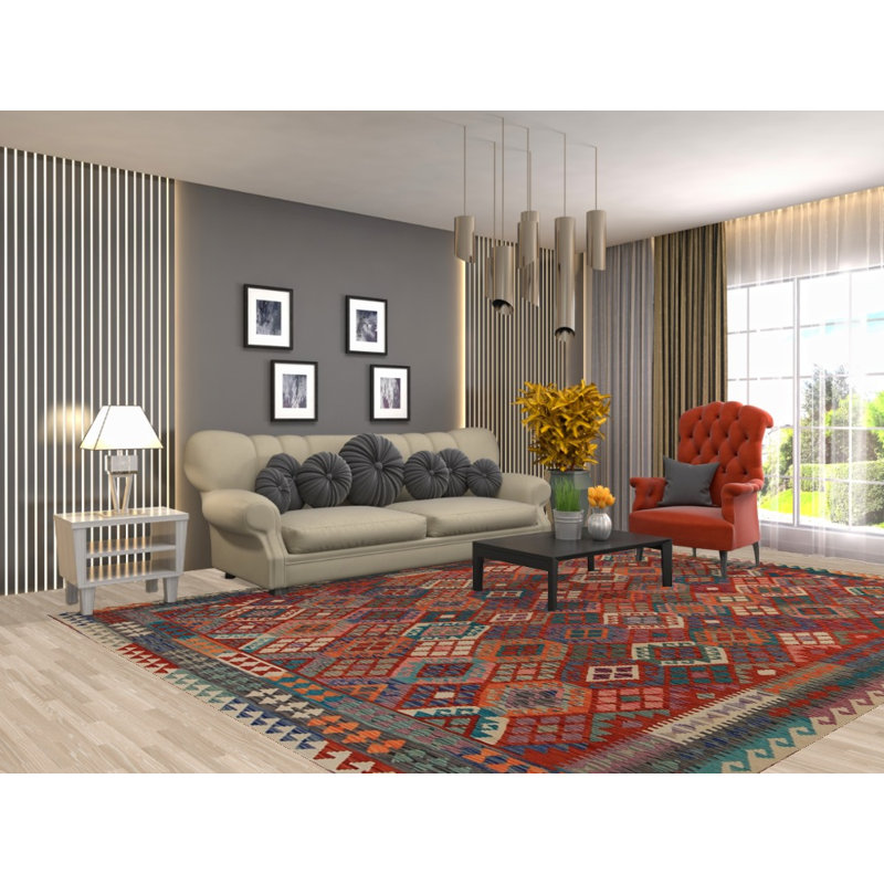 Tapis oriental en laine tissé à plat 9 x 12
