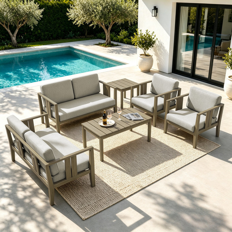 Ensemble de patio extérieur en teck Junco pour six personnes avec coussins et deux tables, Brun, Chameau clair