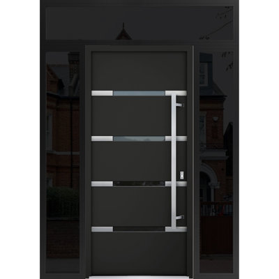Front Exterior Prehung Steel Door / Deux 1105 Black Enamel / 2 Side and Top Exterior Window Sidelite / Stainless Inserts Entry Metal Modern Painted W12+36+12" x H80+16" Left hand Inswing