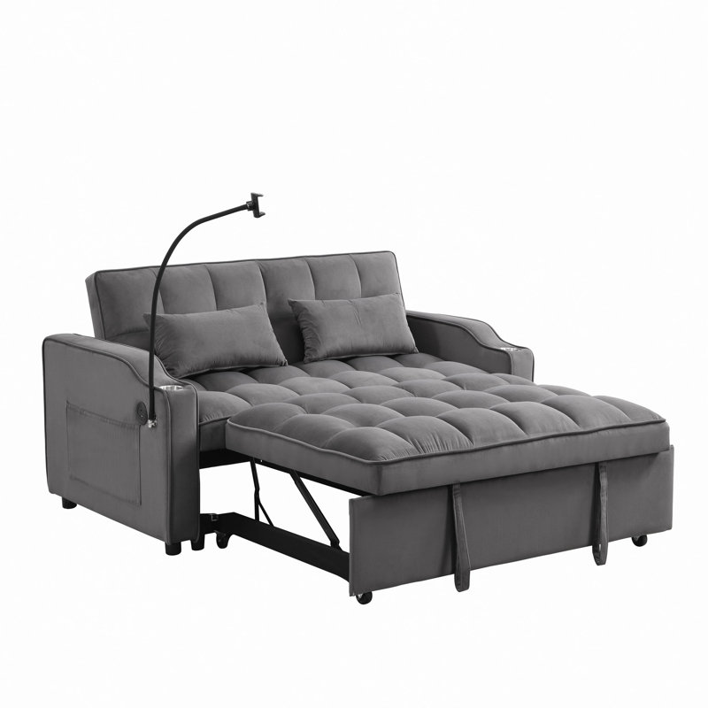 Canapé-lit futon moderne en velours avec lit escamotable, canapé-lit convertible 3 en 1 avec dossier réglable, coussins décoratifs, poches latérales et ports USB pour le salon ou le bureau