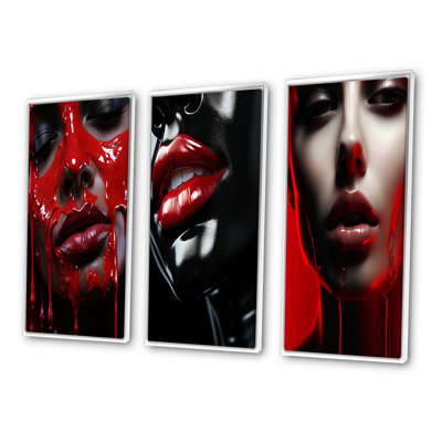 Luscious Sensuous Red Glam Woman Portrait - Fashion Woman Art Set Of 3 Pieces