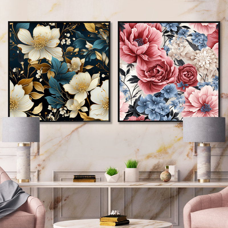 Ensemble de 2 luxueux motifs floraux dorés et roses à motif floral carré, Cadre flottant noir, H 16 po x l 33 po