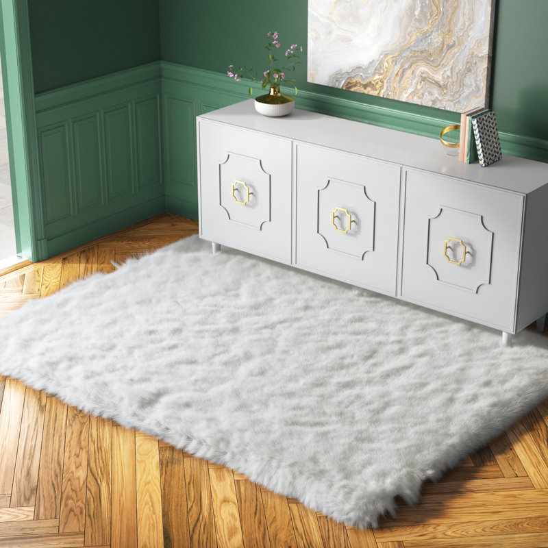 Tapis blanc à poils longs lavable à la machine Diller, Rectangle 5 pi x 7 pi