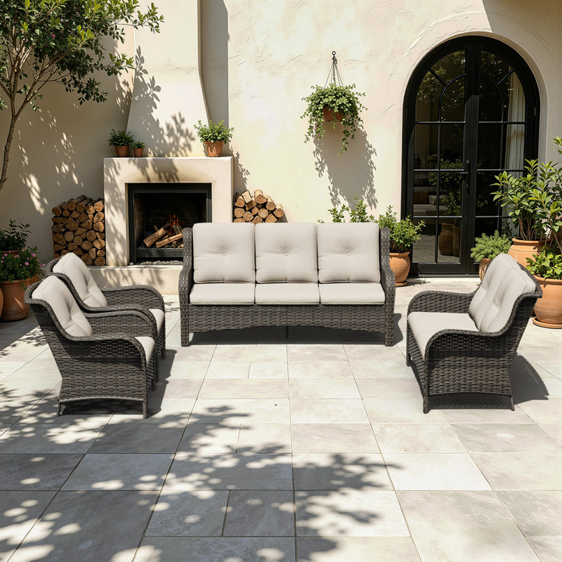 Ensemble de conversation d'extérieur en osier pour patio, meubles en rotin PE toutes saisons 4 pièces avec canapé 3 places, fauteuils et coussins moelleux, parfait pour la cour, le porche, la terrasse et la piscine