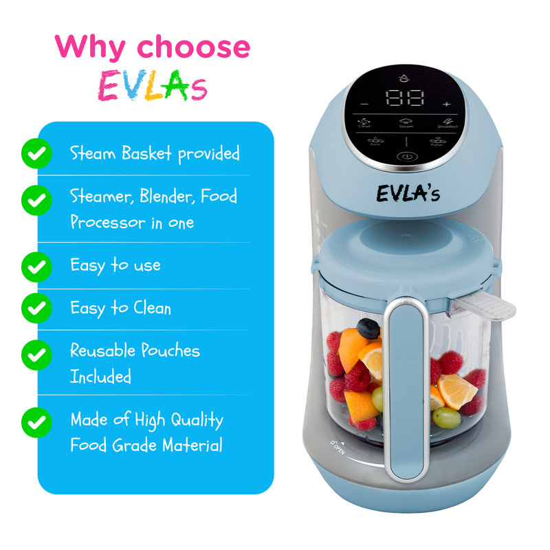 Baby Food Maker and Blender - Blend, Grind, Steam, and Cook Homemade Baby Food - Self Cleaning Machine with Touch Screen and 6 Reusable Pouches by EVLA’s (Blue)
