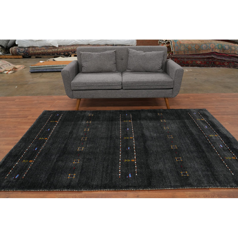 Élégant tapis gris anthracite de style Gabbeh 5 x 8 avec des motifs tribaux complexes