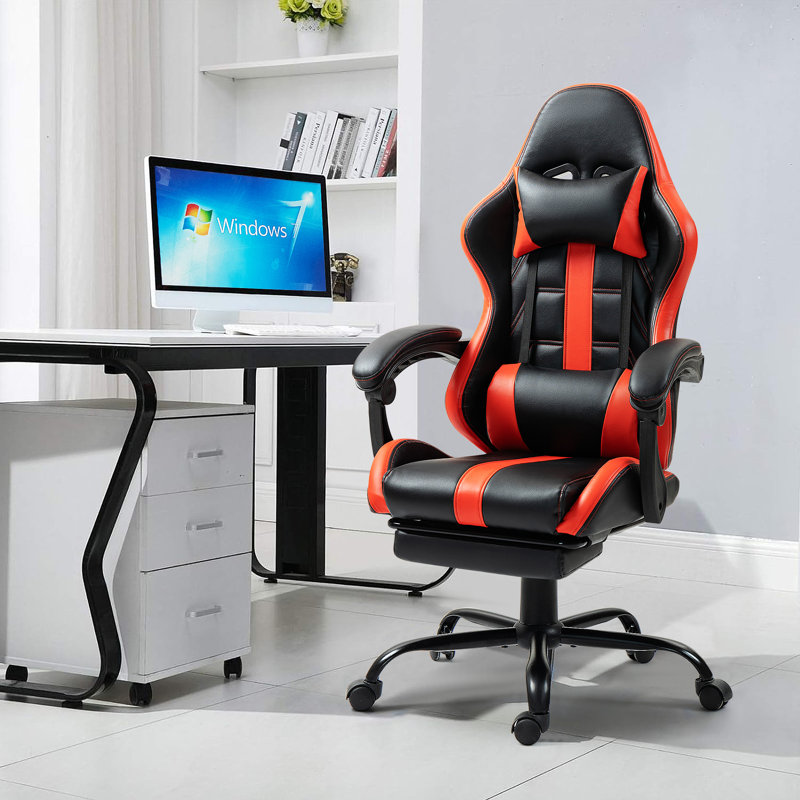 Fauteuil de jeu en polyuréthane avec repose-pieds et support lombaire à massage, Noir / rouge