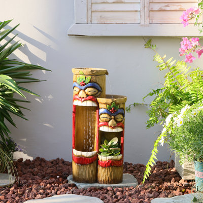 2-Tier Tiki Head Outdoor Water Fountain with LED Light, 28" Tropical Cascading Water Feature for Patio Garden Decor