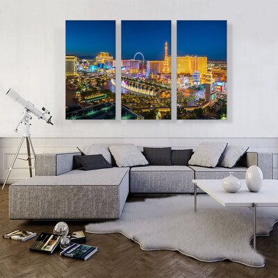 Las Vegas City Strip at Night Blue Sky - 3 Piece Wrapped Canvas Print Set -  ARTCANVAS, OPEPHO582-3S-60x40