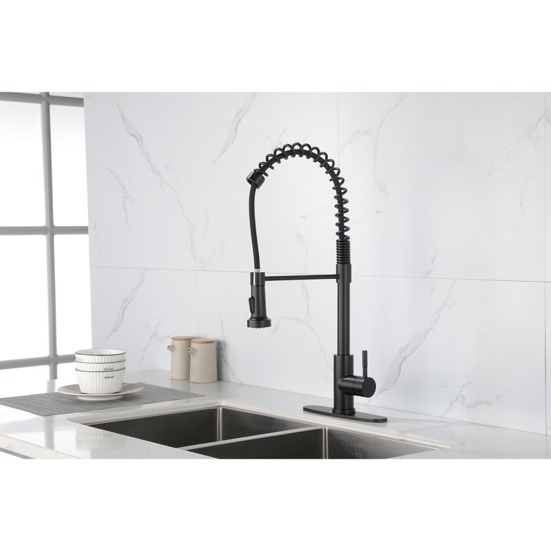 Matte Black Kitchen Faucet With Pull-Out Spray - Stainless Steel, Coating, 360 Rotatable Spring , Water Flow