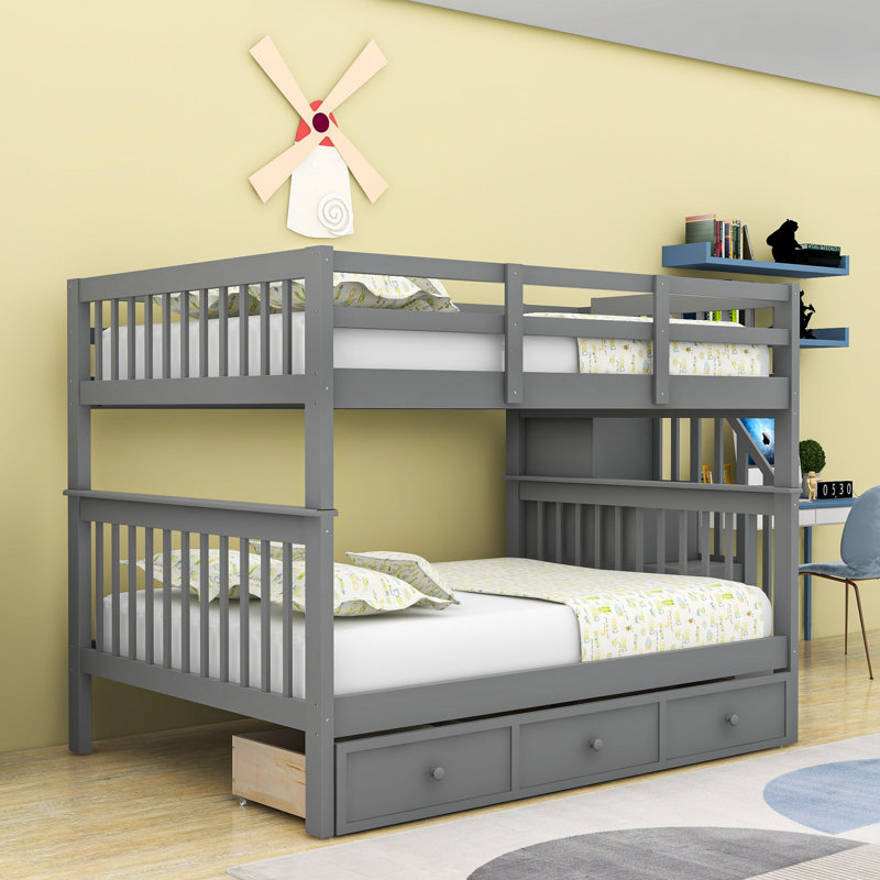 Lit superposé double en bois avec tiroirs Dinuk, gris