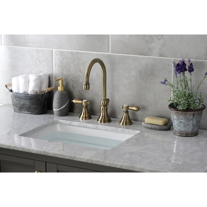 Heirloom Widespread Bathroom Faucet with Drain Assembly, Antique Brass