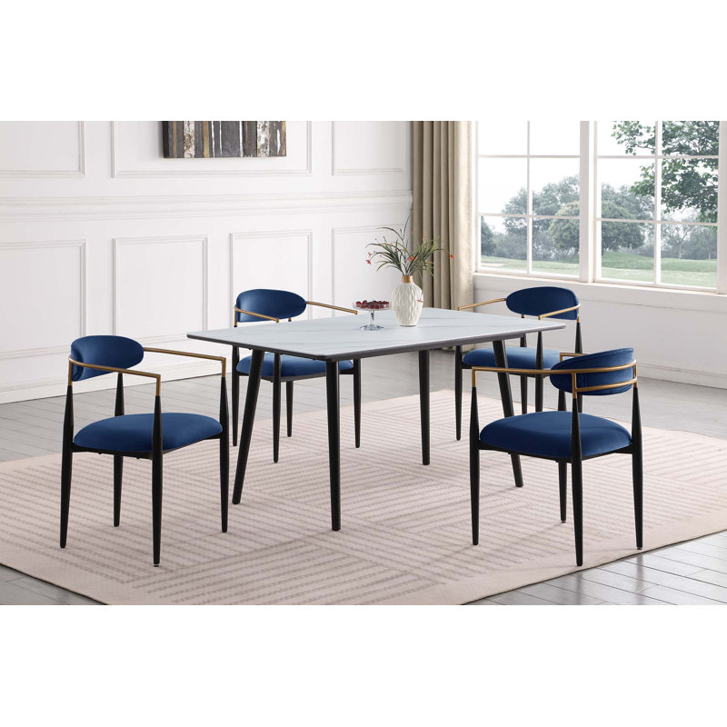 5Pc Dining Set Sintered Stone Table, Navy, White