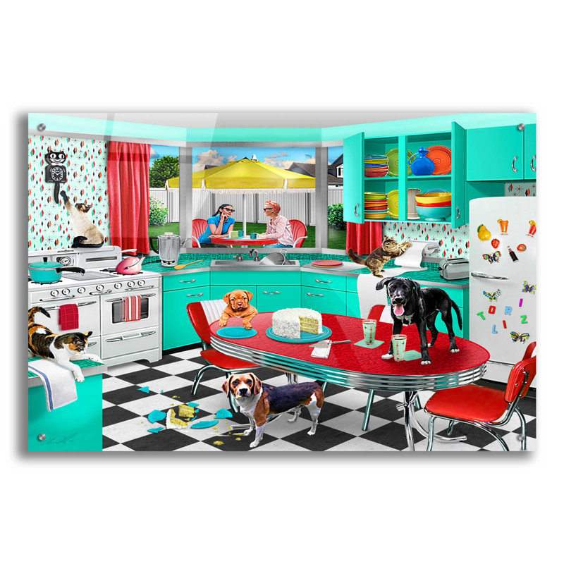 «Red Kitchen Barrel Studio» par Chris Dobrowolski, art mural en verre acrylique, H 24 po x l 36 po x P 0,2 po