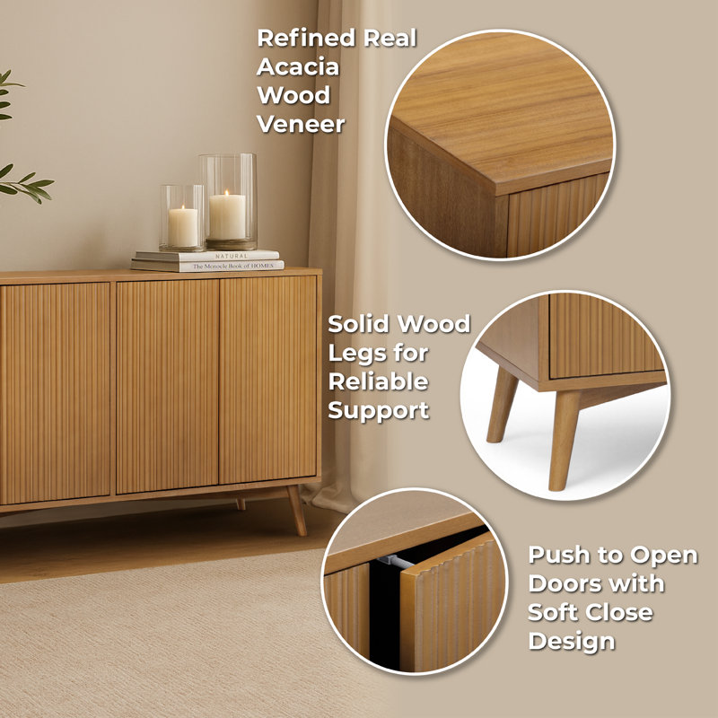 Tremolo Modern 4-Door Sideboard Buffet Cabinet with Adjustable Shelves & Fluted Push-Open Doors for Dining or Living Room