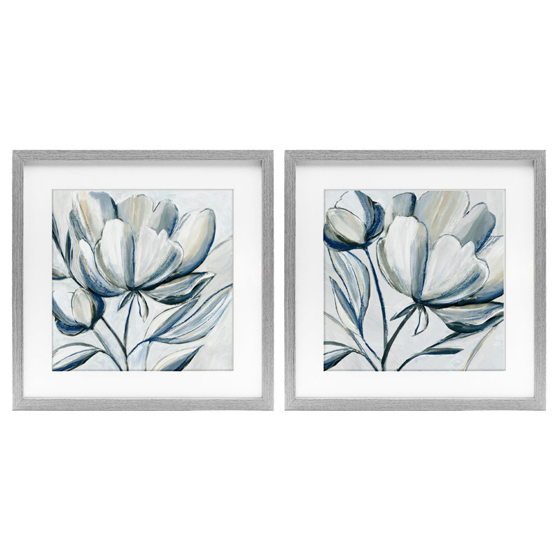 Ensemble de 2 tulipes grises brossées, impression sous verre, par Hannah Dawson, Cadre de ferme gris, H 13 po x l 13 po