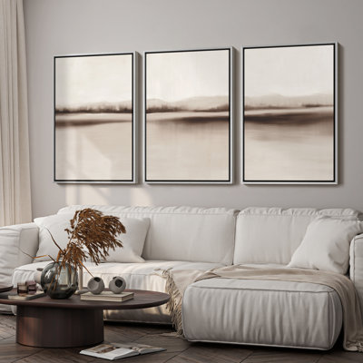 Minimal Neutral Lake Horizon Landscape 3 Pieces Framed Print Wall Art