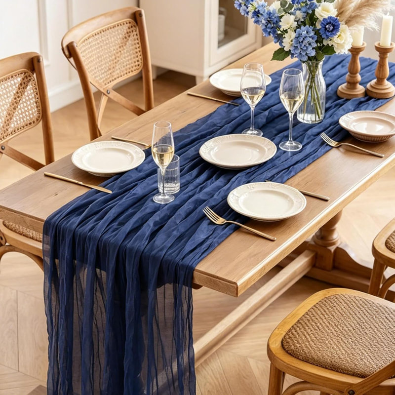 Chemin de table bleu marine, chemin de table rustique bleu 10 pi, chemin de table bohème 35 * 120 pouces pour mariage, fête de naissance, fête de naissance, décoration de table de centre de table