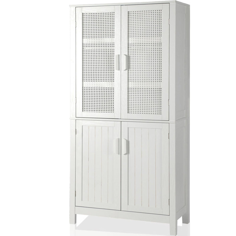71'' White Wood Kitchen Pantry Cabinet with Rattan Doors