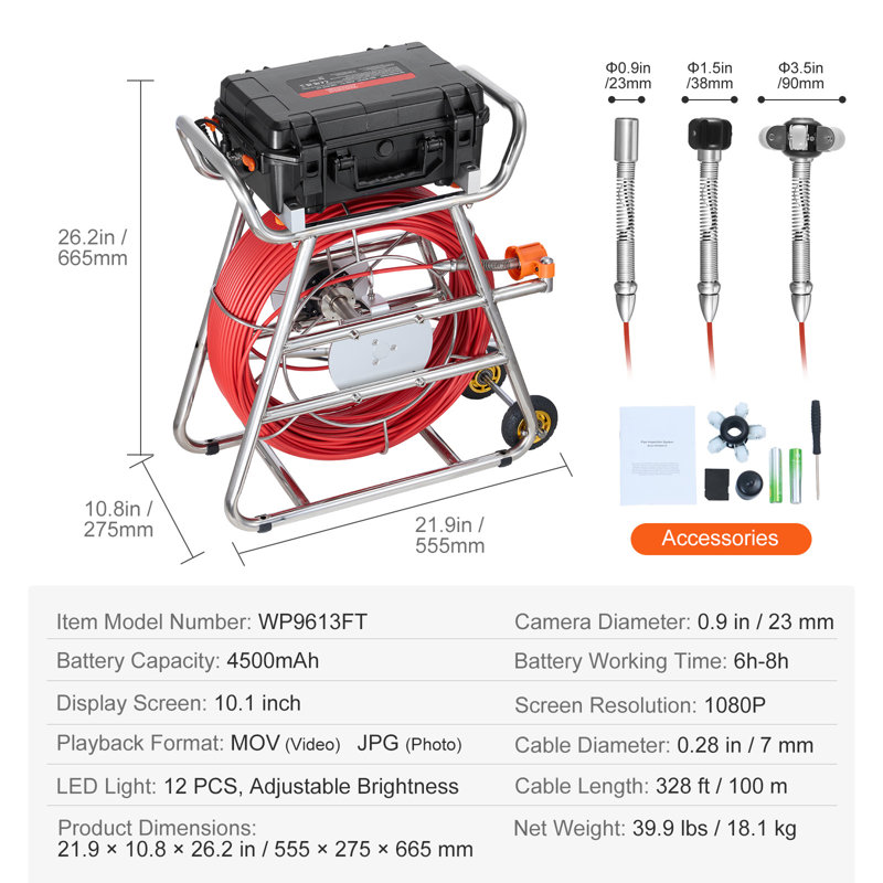 Sewer Camera 328 ft/100m Self-Leveling Drain Camera with 10.1" Touchscreen