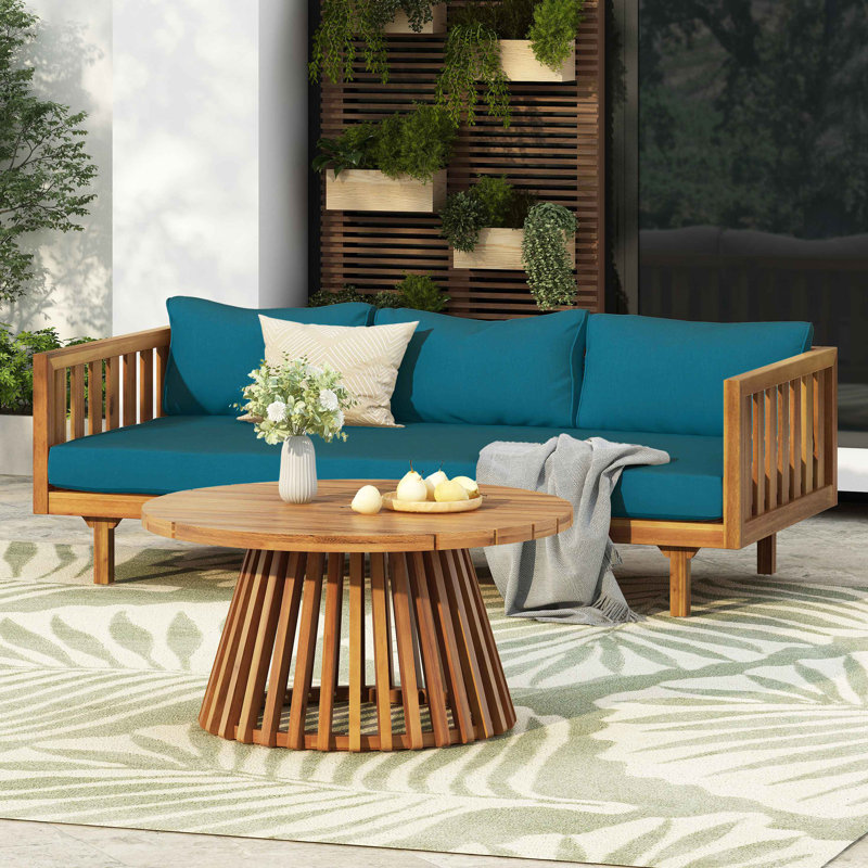 Acacia Wood Patio Furniture Set,Outdoor 3 Seater Daybed(With Water Resistant Thick Cushions)And Round Coffee Table, Dark Teal Cushion