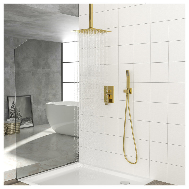 Système de douche double carré de 16 pouces avec soupape brute, pluie en acier inoxydable à finition dorée et combiné de poche