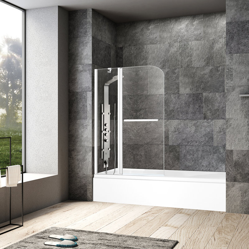 Canteras 40'' - W x 55.1'' H Pivot Door Frameless Tub Door with, Polished Chrome